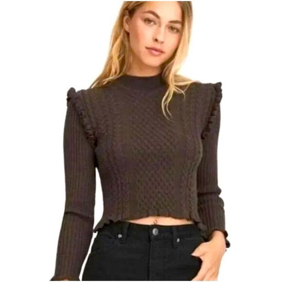 Something Navy Sara Sweater Extrafine Merino Wool Brown Ruffle Trim Cropped XS - Picture 1 of 10